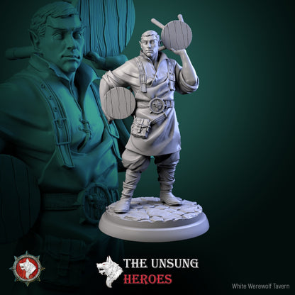 Tavernhand miniature carrying two stools, fantasy inn NPC for D&D, Pathfinder, Warhammer.