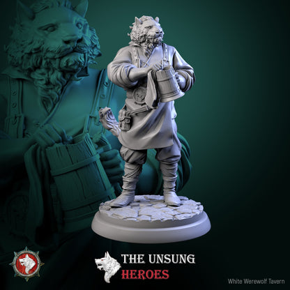 Tavernhand miniature with feline features holding a large mug, beastfolk bartender NPC for RPG campaigns