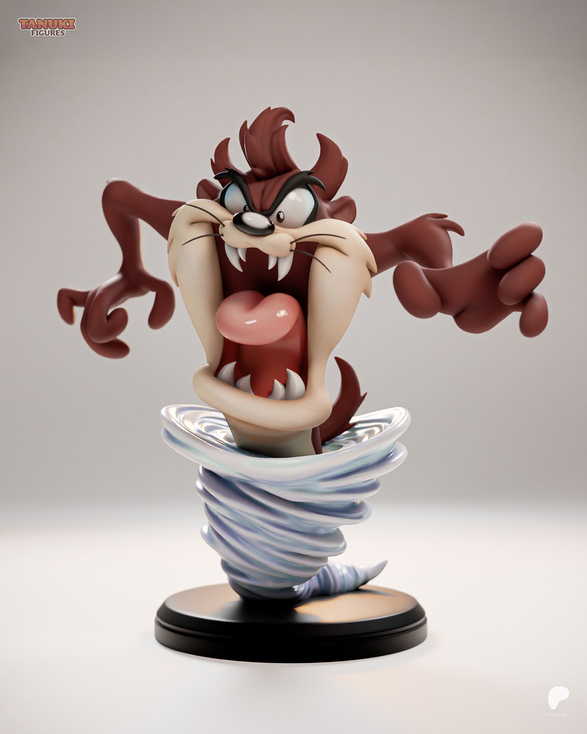 Tazmanian Devil figure front view showing wide open mouth with teeth, expressive eyes, outstretched arms, animated tornado spin effect, and round display base.