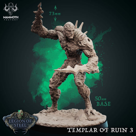 Templar of Ruin 3 miniature with raised spiked arm, menacing armored body covered in organic plates, posed ready to attack on a 50mm round base for fantasy wargames and DnD campaigns.