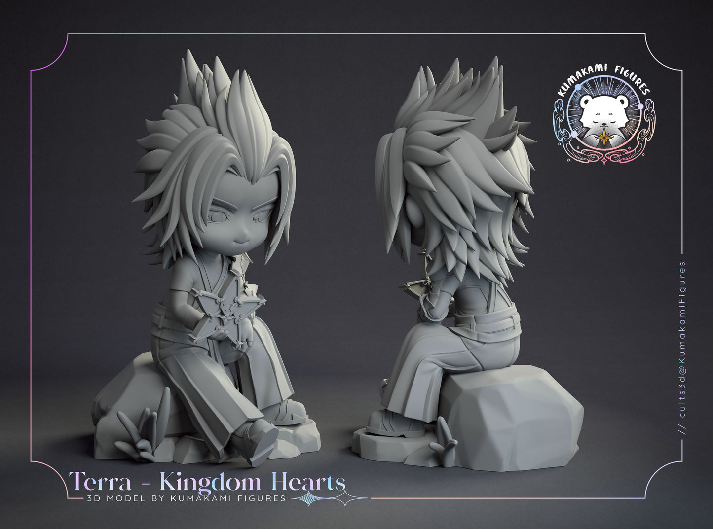 Chibi Terra Kingdom Hearts turntable view showing layered spiked hair sculpt, seated pose from behind, clothing folds, and rock base details