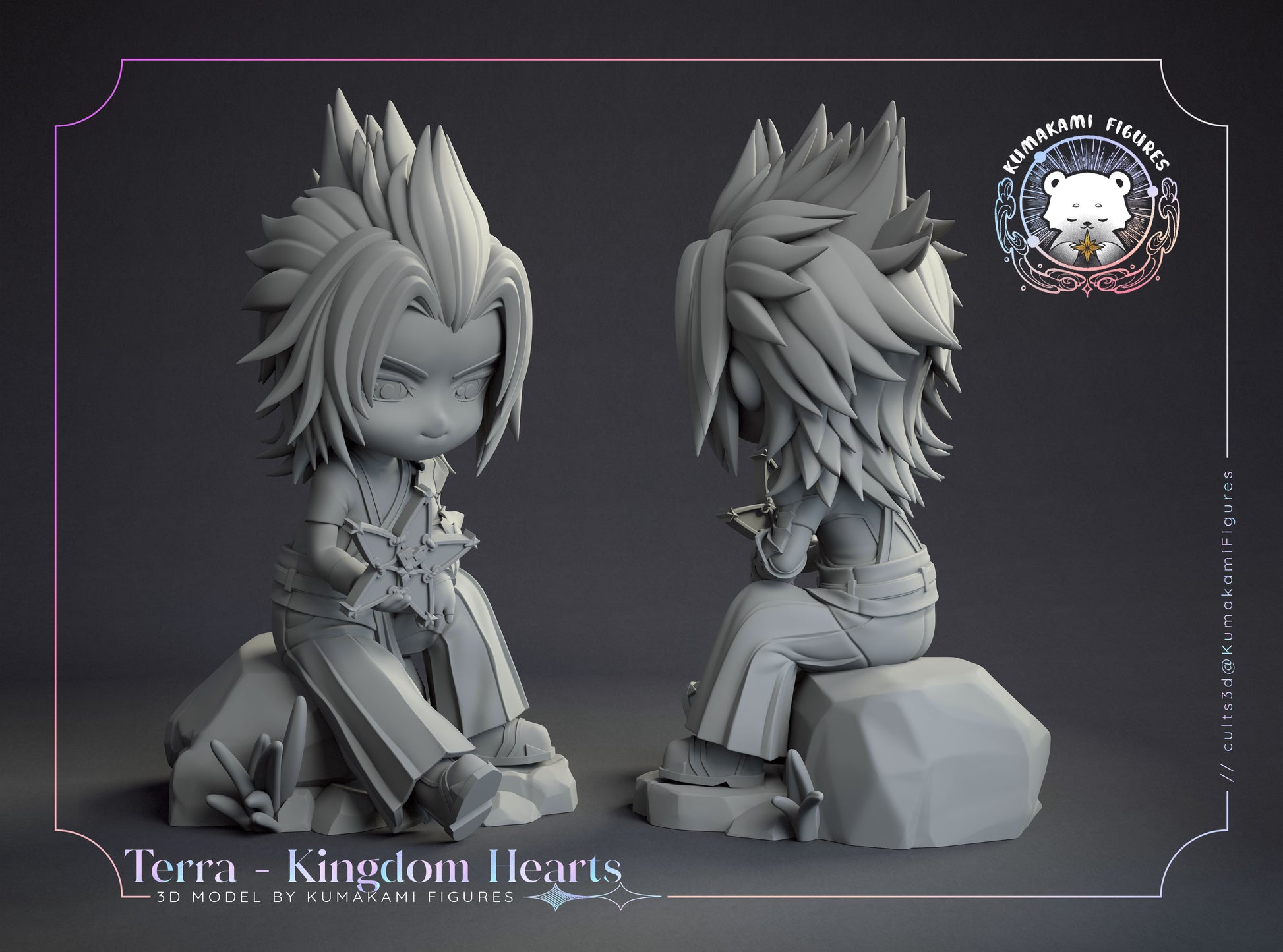 Chibi Terra Kingdom Hearts turntable view showing layered spiked hair sculpt, seated pose from behind, clothing folds, and rock base details