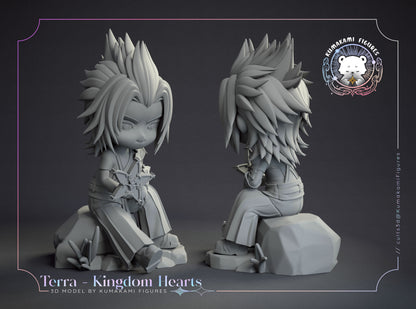 Chibi Terra Kingdom Hearts turntable view showing layered spiked hair sculpt, seated pose from behind, clothing folds, and rock base details