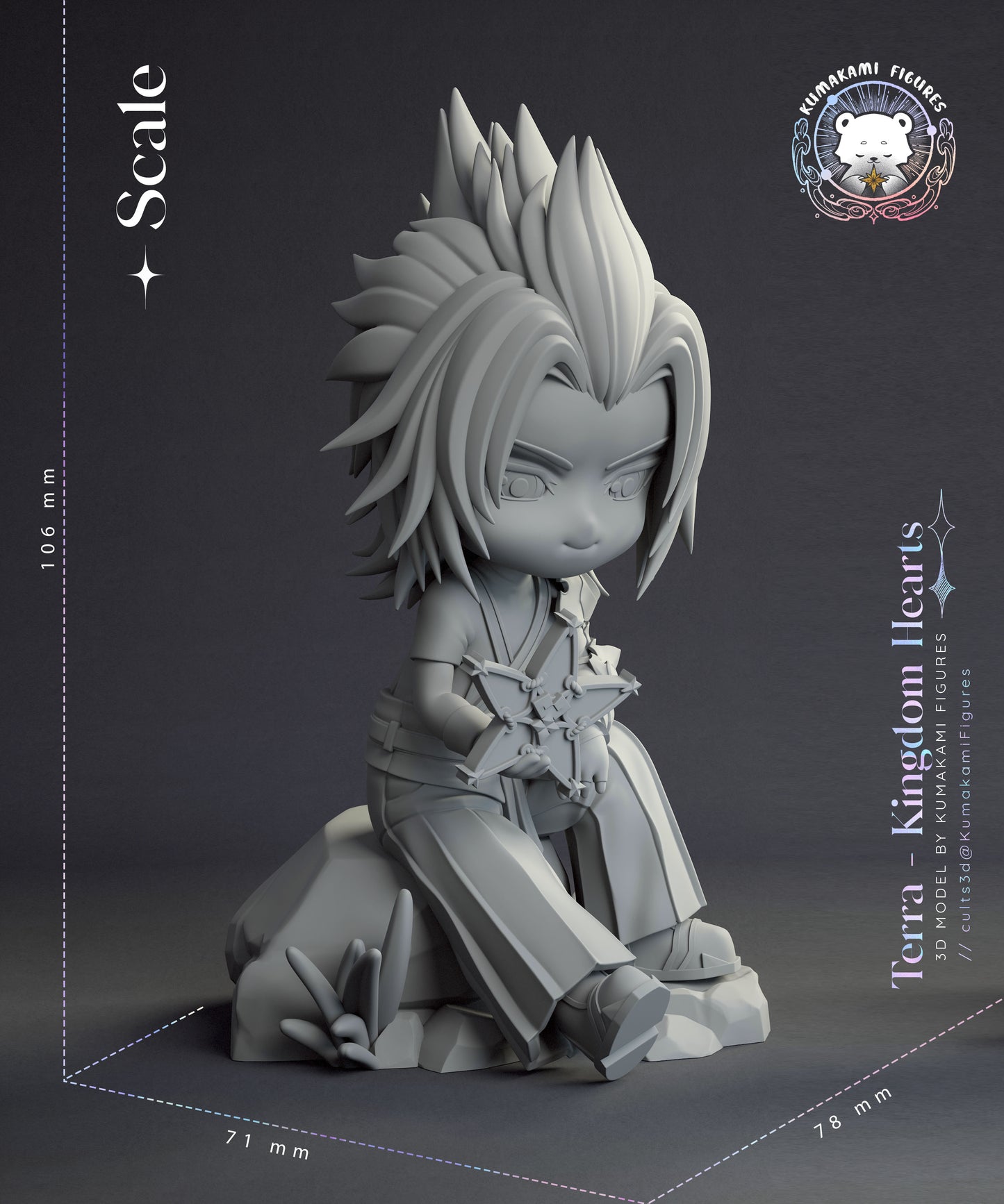 Chibi Terra Kingdom Hearts scale reference image showing full seated figure with measured height, width, and depth dimensions for display sizing