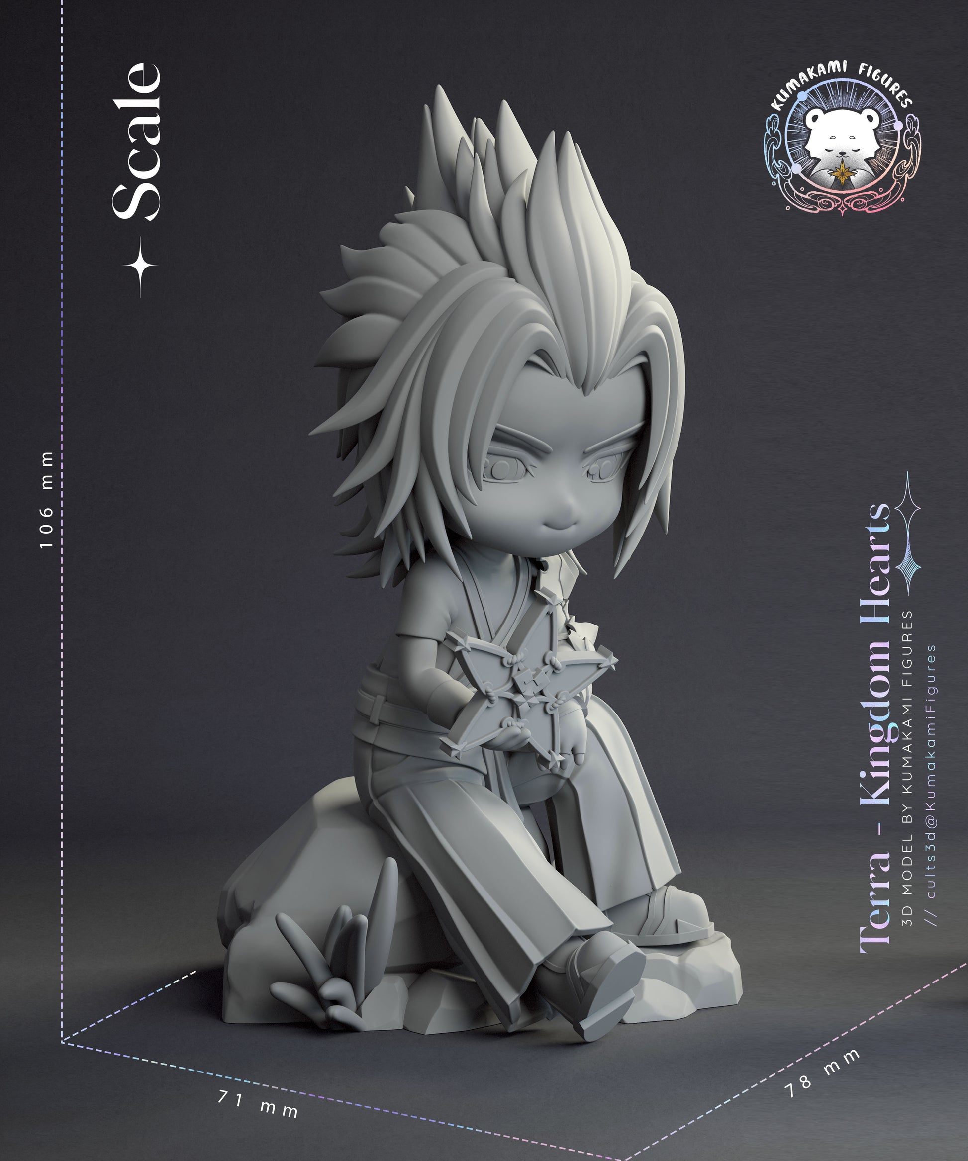 Chibi Terra Kingdom Hearts scale reference image showing full seated figure with measured height, width, and depth dimensions for display sizing