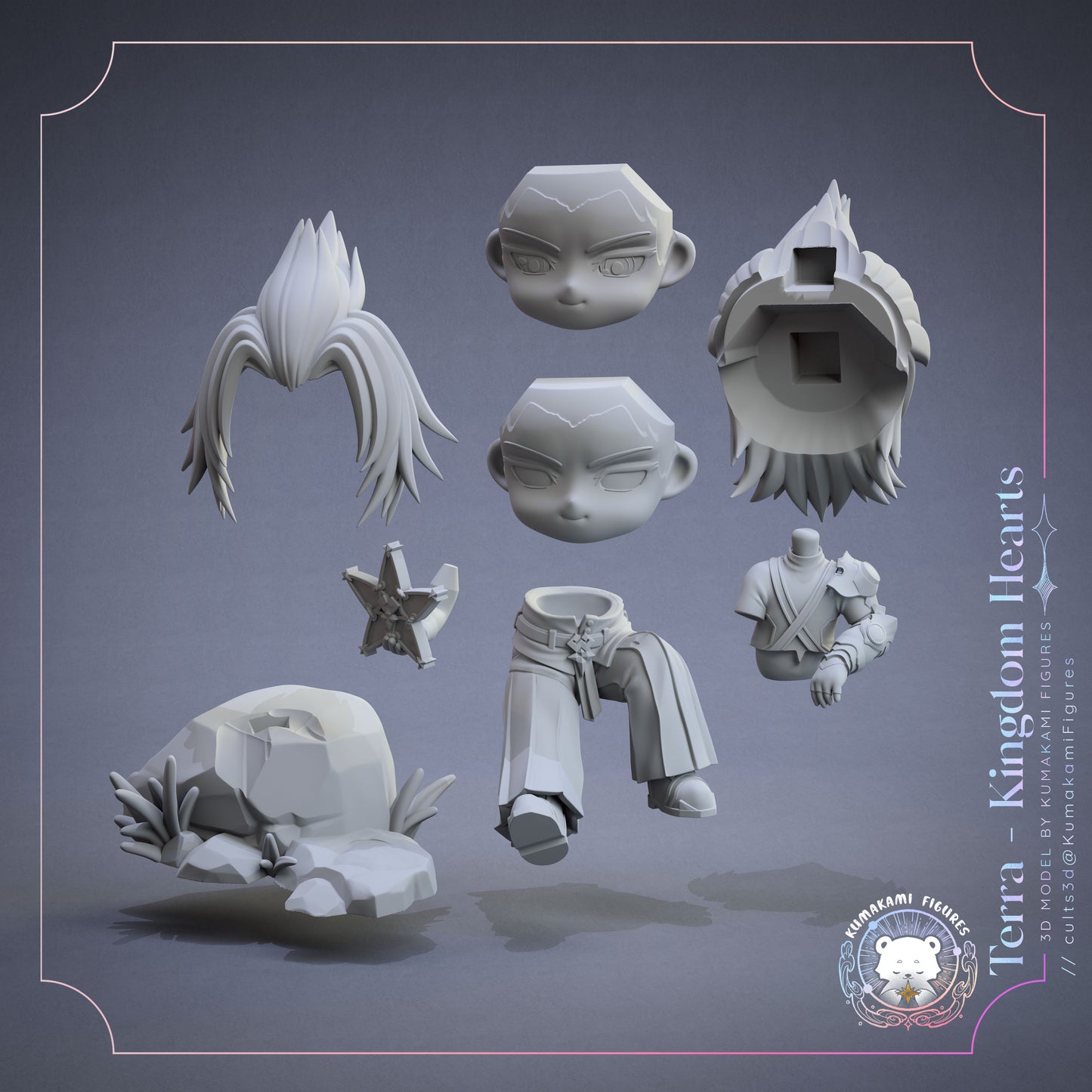 Chibi Terra Kingdom Hearts figure parts layout showing separate head pieces, hair sections, torso, legs, arms, Wayfinder accessory, and rock base components