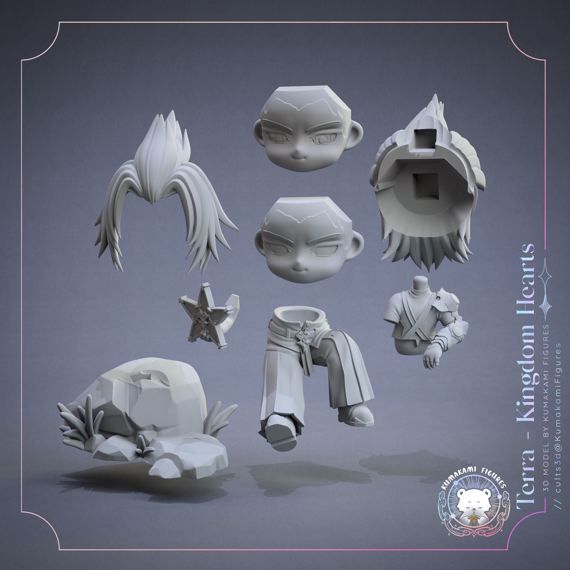 Chibi Terra Kingdom Hearts figure parts layout showing separate head pieces, hair sections, torso, legs, arms, Wayfinder accessory, and rock base components