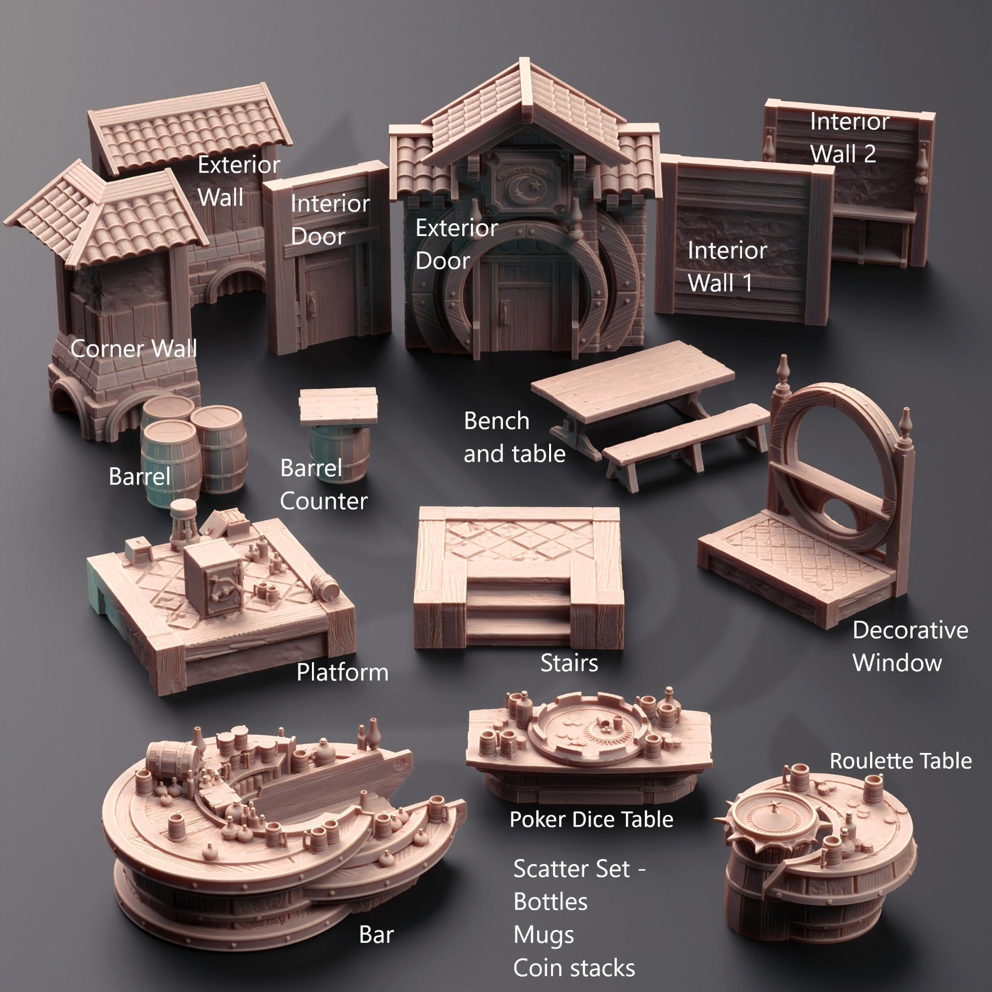 Modular terrain set featuring components like exterior walls, decorative windows, bar counters, and gaming tables for tabletop RPG settings.