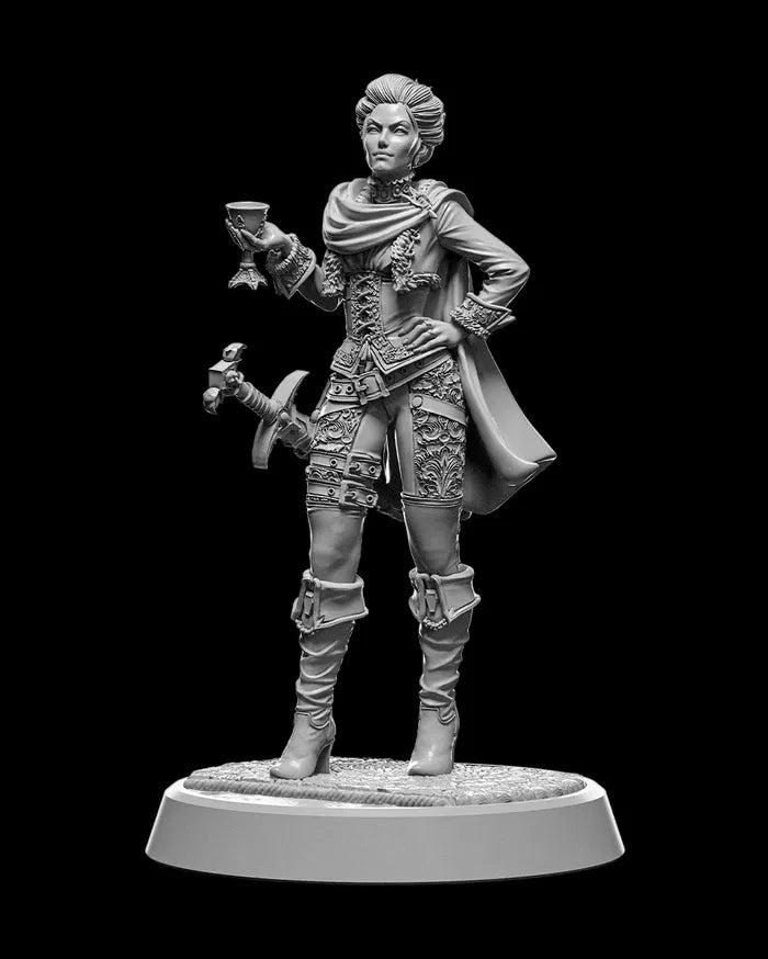 Female vampire fighter Tess miniature, holding a sword and goblet, wearing detailed armor with a confident stance.