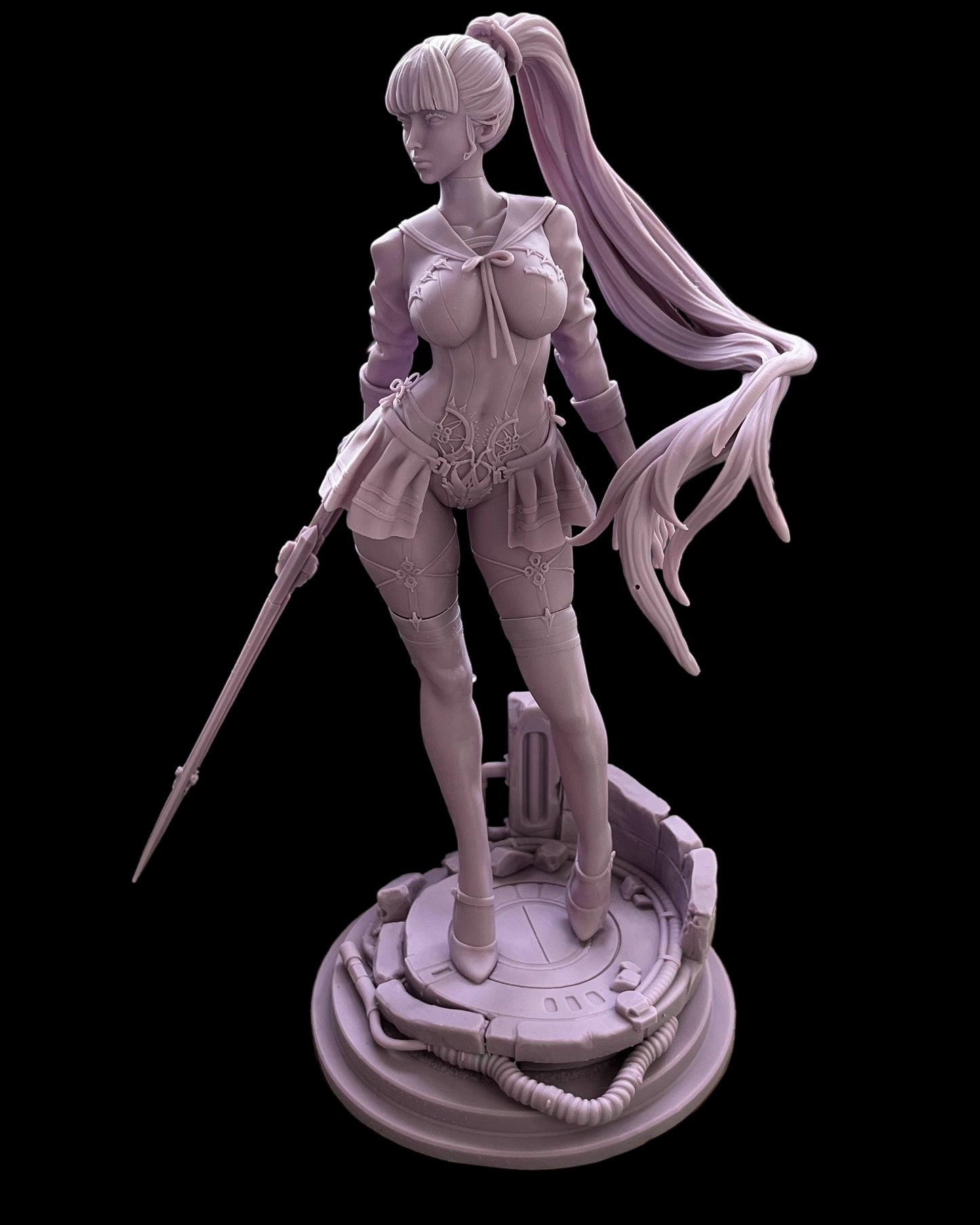 Eve Test Print – Prototype Photo: Physical unpainted prototype of Eve statue on sci-fi platform base with visible screen reference behind the model.