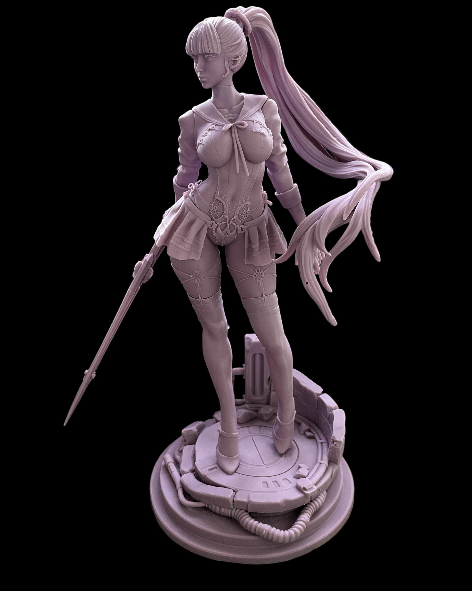 Eve Test Print – Prototype Photo: Physical unpainted prototype of Eve statue on sci-fi platform base with visible screen reference behind the model.