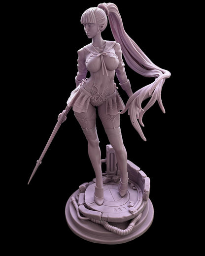 Eve Test Print – Prototype Photo: Physical unpainted prototype of Eve statue on sci-fi platform base with visible screen reference behind the model.