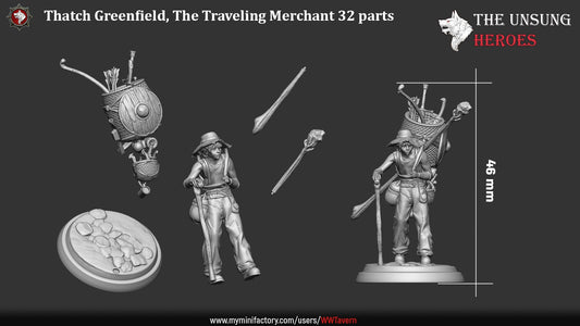 Disassembled parts of Thatch Greenfield miniature showing staff, base, and merchant’s backpack, NPC figure for tabletop RPGs.