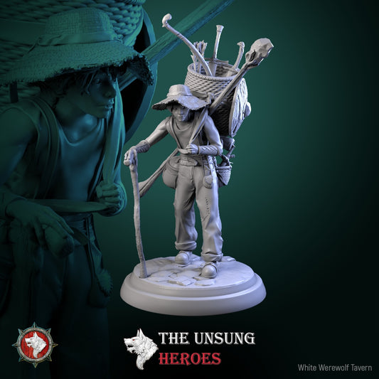 Thatch Greenfield miniature with walking staff and large backpack of wares, traveling merchant NPC for D&D, Pathfinder, Warhammer.