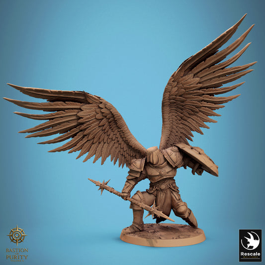 Angelic solar miniature kneeling with massive wings spread, wielding a spiked spear and shield – tabletop RPG fantasy figure.
