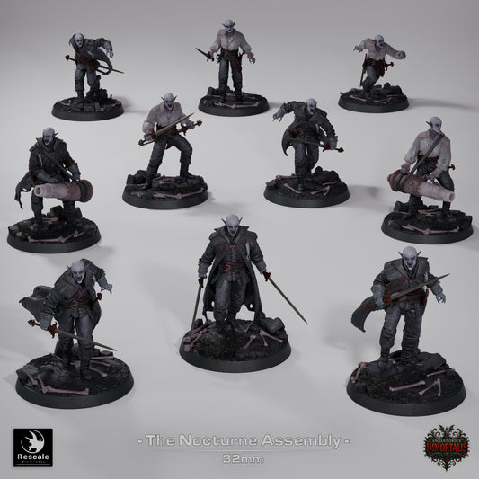Nocturne Assembly miniature group showing ten vampiric thrall warriors in varied armed poses with blades and crossbows, standing on bone-littered bases; ideal for Dungeons & Dragons, Pathfinder, and dark fantasy TTRPG encounters.