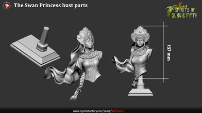 The Swan Princess bust parts showing headpiece, braided hair, and sculpted plinth.