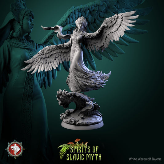 The Swan Princess miniature with large wings extended, standing on a swirling base.