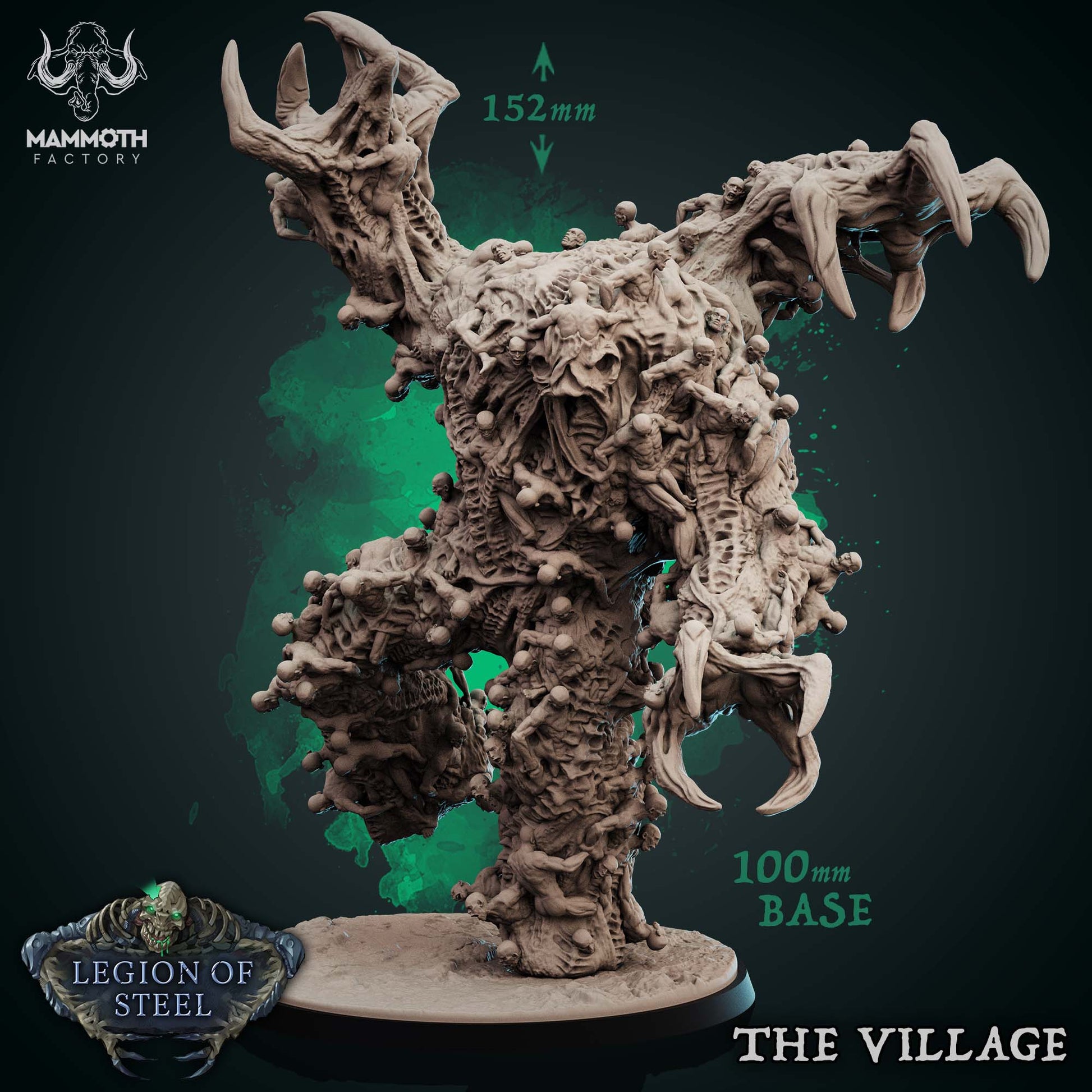 Large flesh abomination miniature called The Village, sculpted from intertwined humanoid bodies with gnarled claws, twisted limbs, and screaming faces, measuring 152mm tall on a 100mm round base.
