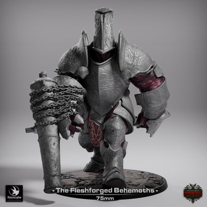Fleshforged Behemoth miniature in attack pose, cannon arm extended forward, chained plating, clawed off-hand, and armored golem body; ideal for Dungeons & Dragons or Pathfinder boss monsters.