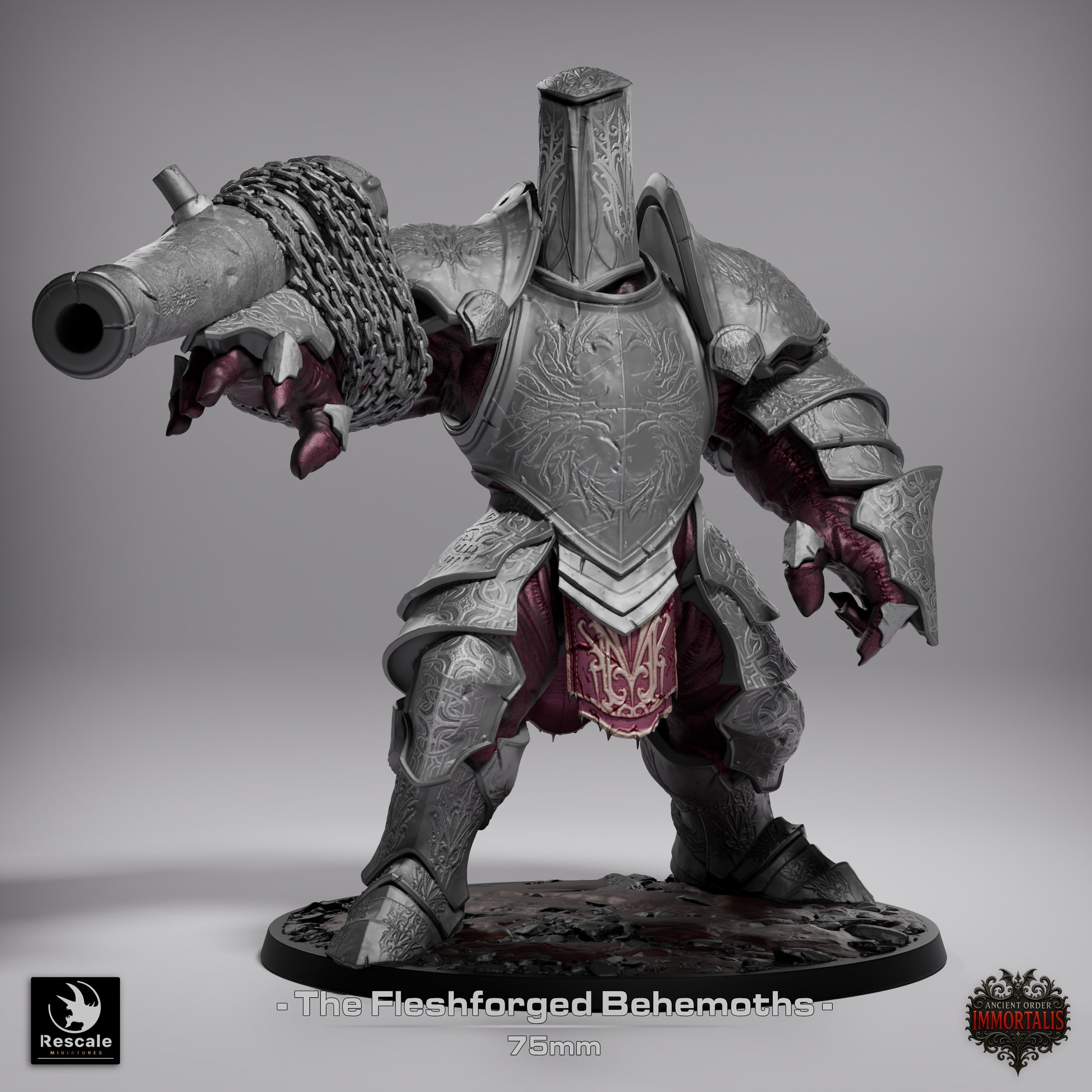 Fleshforged Behemoth miniature in walking pose, cannon limb wrapped with chains, forward step stance, exposed flesh under armor plates; designed for D&D, Pathfinder, and dark fantasy TTRPG antagonists.