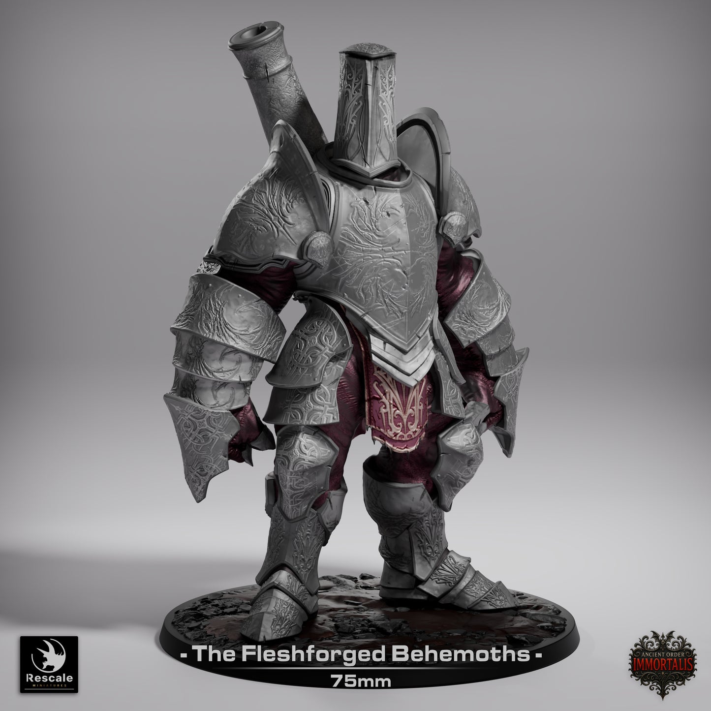Fleshforged Behemoth miniature in heavy stand pose, reinforced cannon arm bound in chains, engraved armor plates, and clawed free hand; compatible with Dungeons & Dragons and Pathfinder villain encounters.