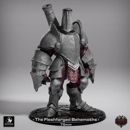 Fleshforged Behemoth miniature in heavy stand pose, reinforced cannon arm bound in chains, engraved armor plates, and clawed free hand; compatible with Dungeons & Dragons and Pathfinder villain encounters.