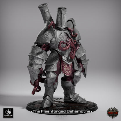 Fleshforged Behemoth miniature with chest tendrils bursting through armored plating, engraved heavy armor, muscular limbs, and monstrous golem form; perfect for eldritch-themed D&D or Pathfinder campaigns.