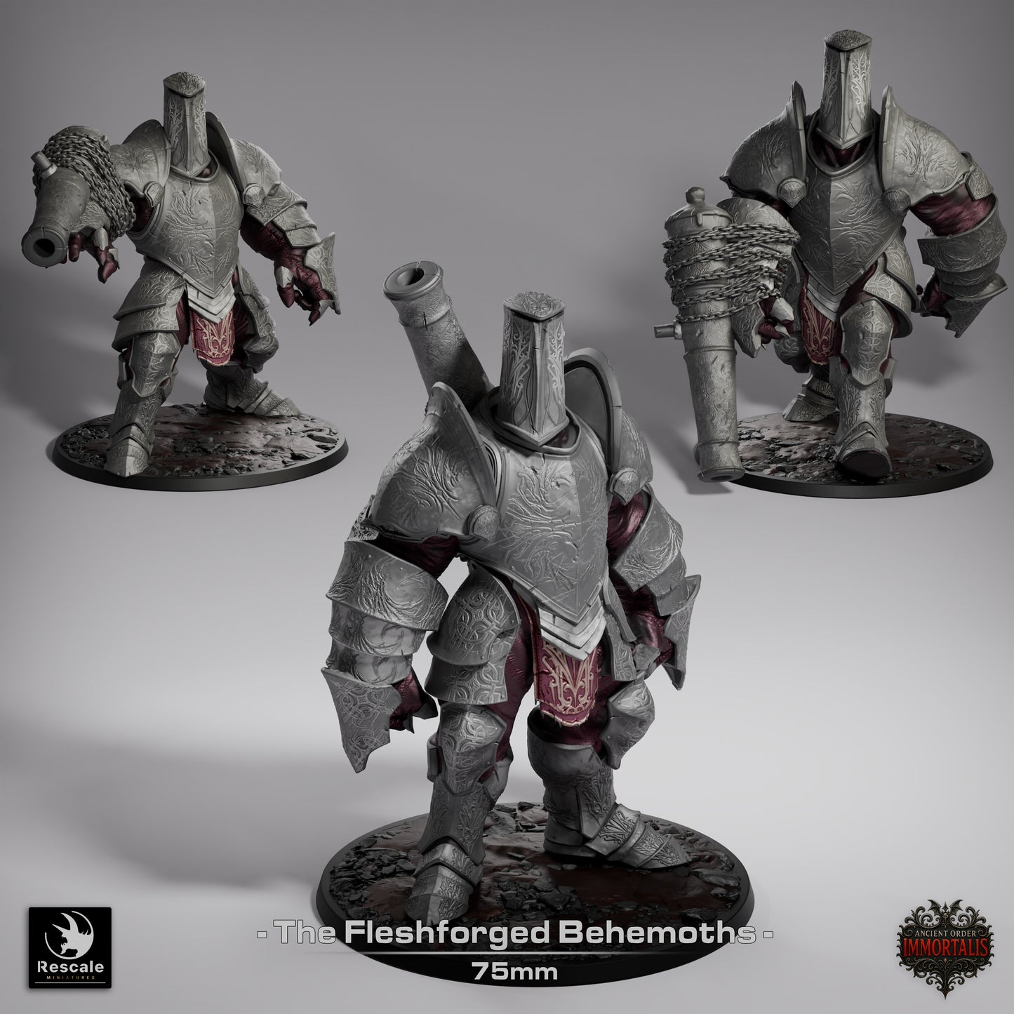Fleshforged Behemoth miniature collage, showing attack, walk, and stand poses; armor-fused flesh golem design with cannon arm, heavy engraved plates, muscular exposed limbs, and monstrous frame; suitable for Dungeons & Dragons, Pathfinder, dark fantasy TTRPG encounters.