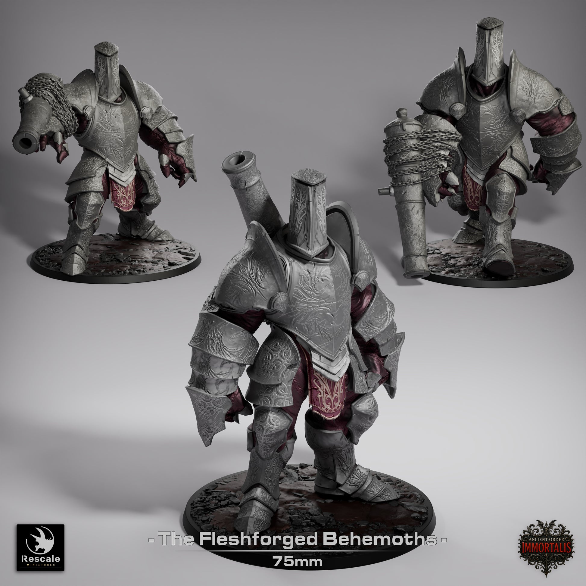 Fleshforged Behemoth miniature collage, showing attack, walk, and stand poses; armor-fused flesh golem design with cannon arm, heavy engraved plates, muscular exposed limbs, and monstrous frame; suitable for Dungeons & Dragons, Pathfinder, dark fantasy TTRPG encounters.