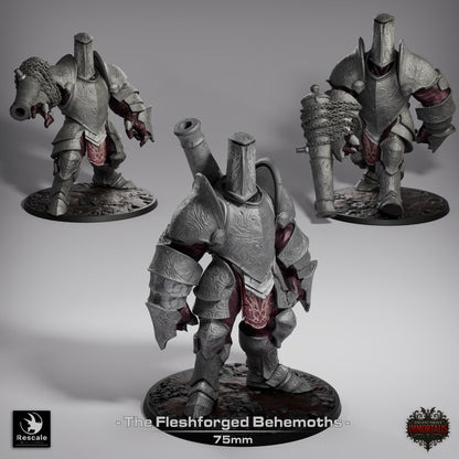 Fleshforged Behemoth miniature collage, showing attack, walk, and stand poses; armor-fused flesh golem design with cannon arm, heavy engraved plates, muscular exposed limbs, and monstrous frame; suitable for Dungeons & Dragons, Pathfinder, dark fantasy TTRPG encounters.