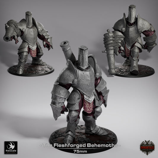 Fleshforged Behemoth miniature collage, showing attack, walk, and stand poses; armor-fused flesh golem design with cannon arm, heavy engraved plates, muscular exposed limbs, and monstrous frame; suitable for Dungeons & Dragons, Pathfinder, dark fantasy TTRPG encounters.