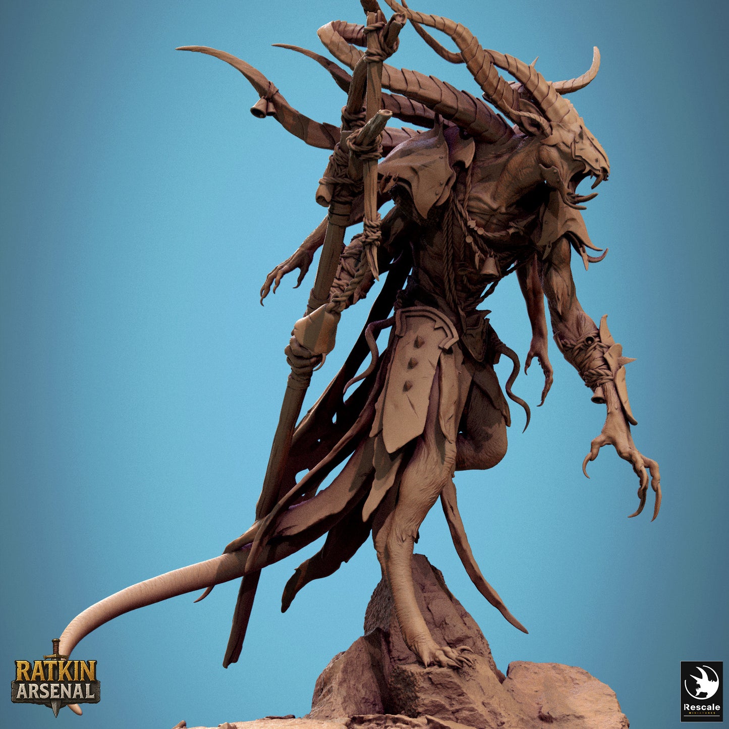 Side view of the Muck Priest showcasing the dynamic curve of his horns and tail, long robes, and threatening pose with staff raised behind his shoulder.