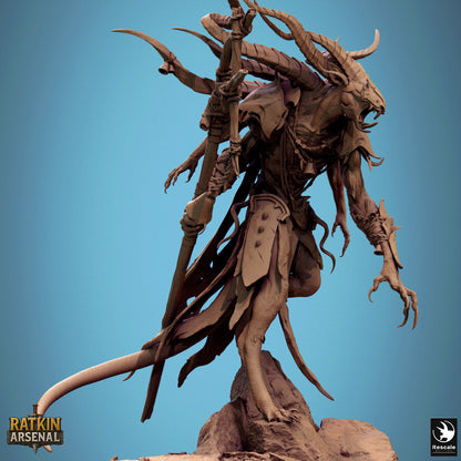 Side view of the Muck Priest showcasing the dynamic curve of his horns and tail, long robes, and threatening pose with staff raised behind his shoulder.