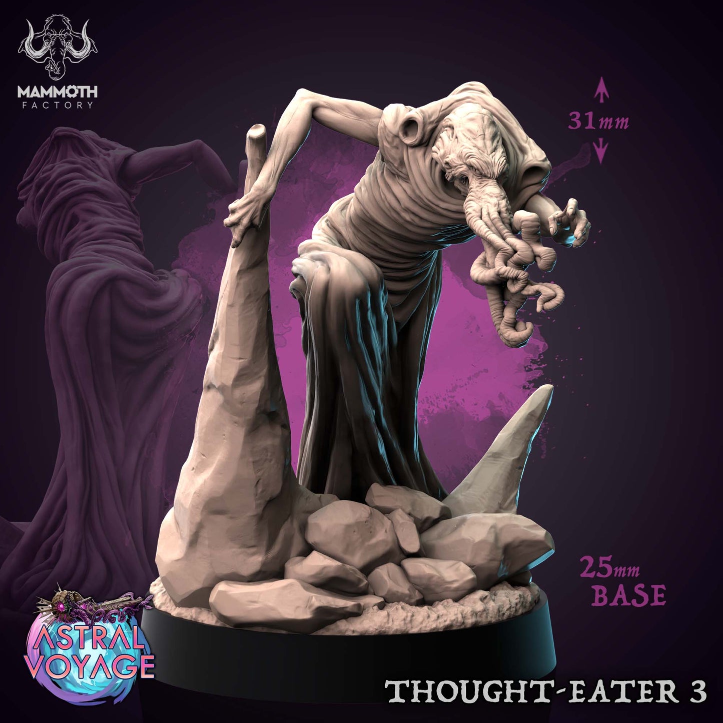 Thought-Eater 3 – Aberration miniature crouched among rocky terrain, featuring a writhing tentacled face and distorted humanoid form, set on a 25mm base.