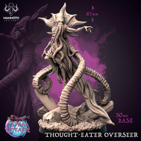 Thought-Eater Overseer miniature depicting a towering Mind Flayer-like creature with elongated tendrils and a flowing body, tentacles extending outward as it hovers above a rocky 50mm base.
