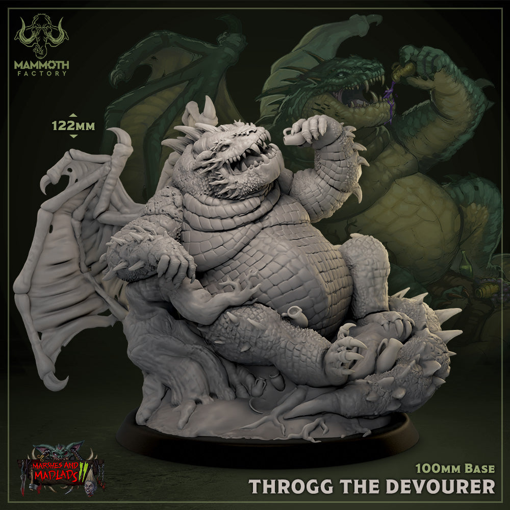 Throgg the Devourer miniature featuring a large, obese dragon-like creature sitting on a mound of treasures with wings spread. The sculpt shows intricate details, including scales, spikes, and a fierce face as it clutches a chalice.