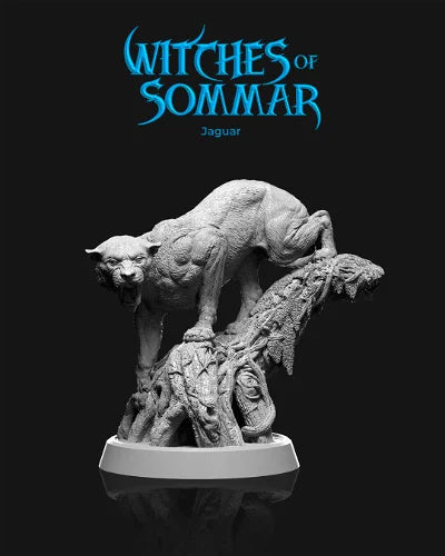 Jaguar miniature poised on a tree trunk, displaying a fierce stance with intricate details, perfect for enhancing jungle-themed encounters in tabletop RPGs like Dungeons & Dragons and Pathfinder.