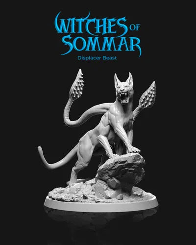 Displacer Beast miniature featuring a sleek, muscular feline creature with multiple tentacle-like appendages, poised on a rocky base, with a menacing stance and detailed anatomy.