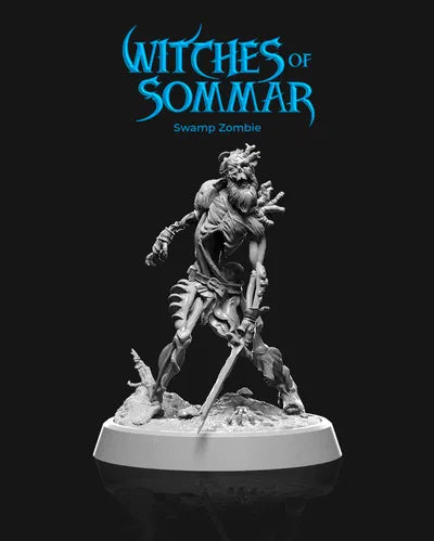 Swamp Zombie miniature from the Witches of Sommar collection, depicted in a decaying and slouched stance holding a sword.