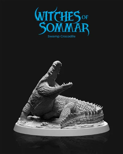 Swamp Crocodile miniature in an open-mouthed, attacking pose, detailed with rugged scales and realistic texture, ideal for tabletop RPG games like Dungeons & Dragons and Pathfinder.