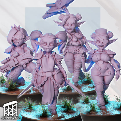 female goblin junker miniatures group showing multiple armed goblin mercenaries with rifles, blades, and heavy weapons