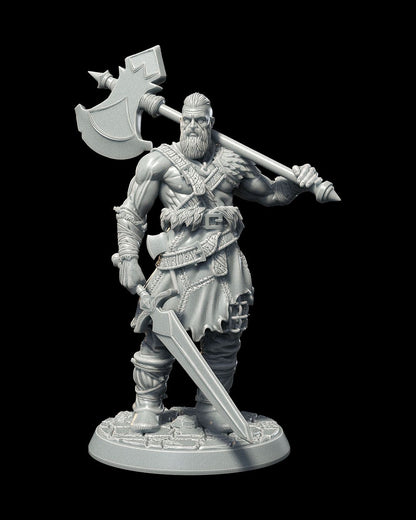 Thundar Northwolf, a Goliath Barbarian male miniature, standing with a large axe over his shoulder and a sword at his side, wearing fur-lined armor and leather straps. Ideal for fantasy tabletop RPGs like Dungeons & Dragons and Pathfinder.