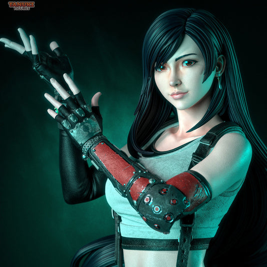 Tifa Lockhart 1:6 scale figure showing full statue pose, close-up details, outfit, gloves, long hair, and display base variations