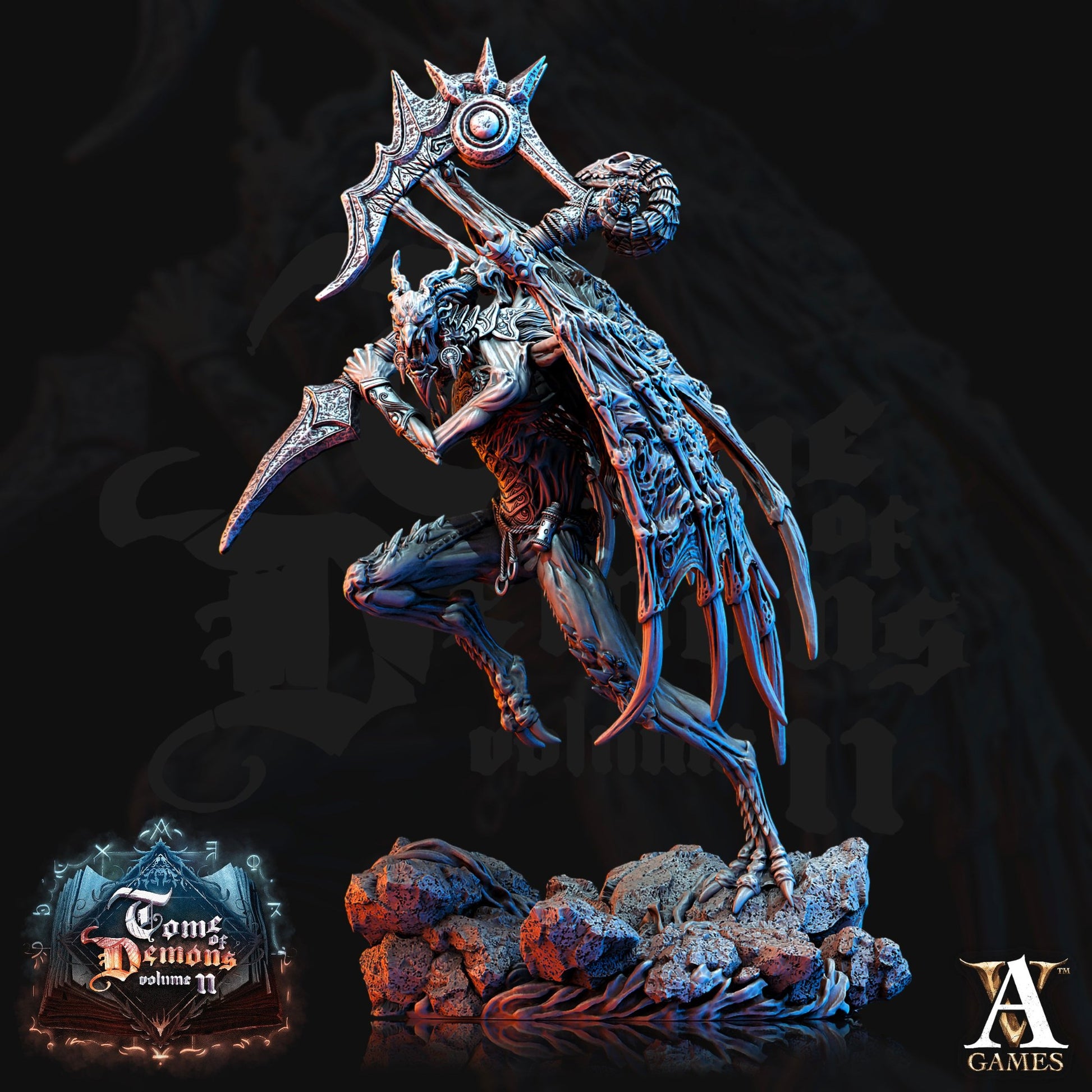 Bane Demon wielding a massive, jagged axe, poised on a rocky base, with its demonic wings spread menacingly.