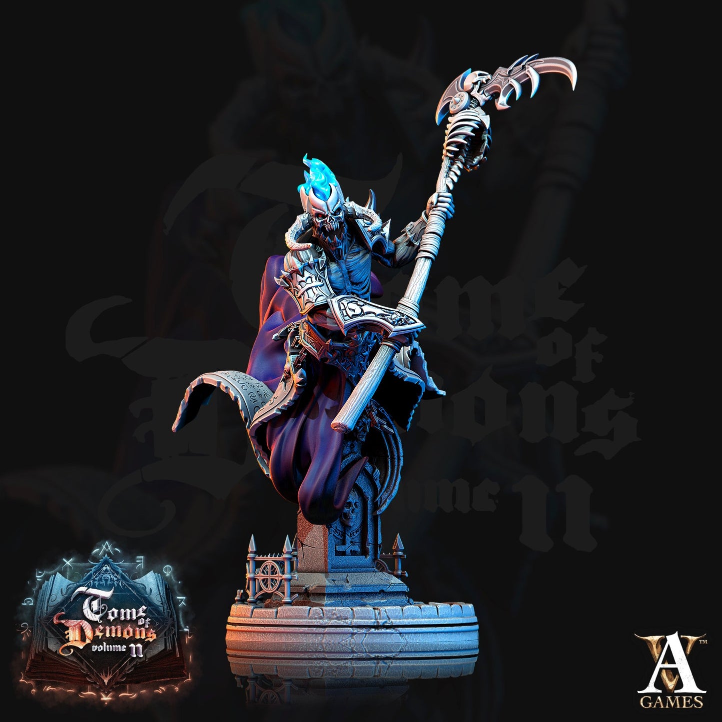 Demonwraith with a curved scythe, emitting an eerie blue glow, draped in flowing robes, and standing on a gothic-styled base.