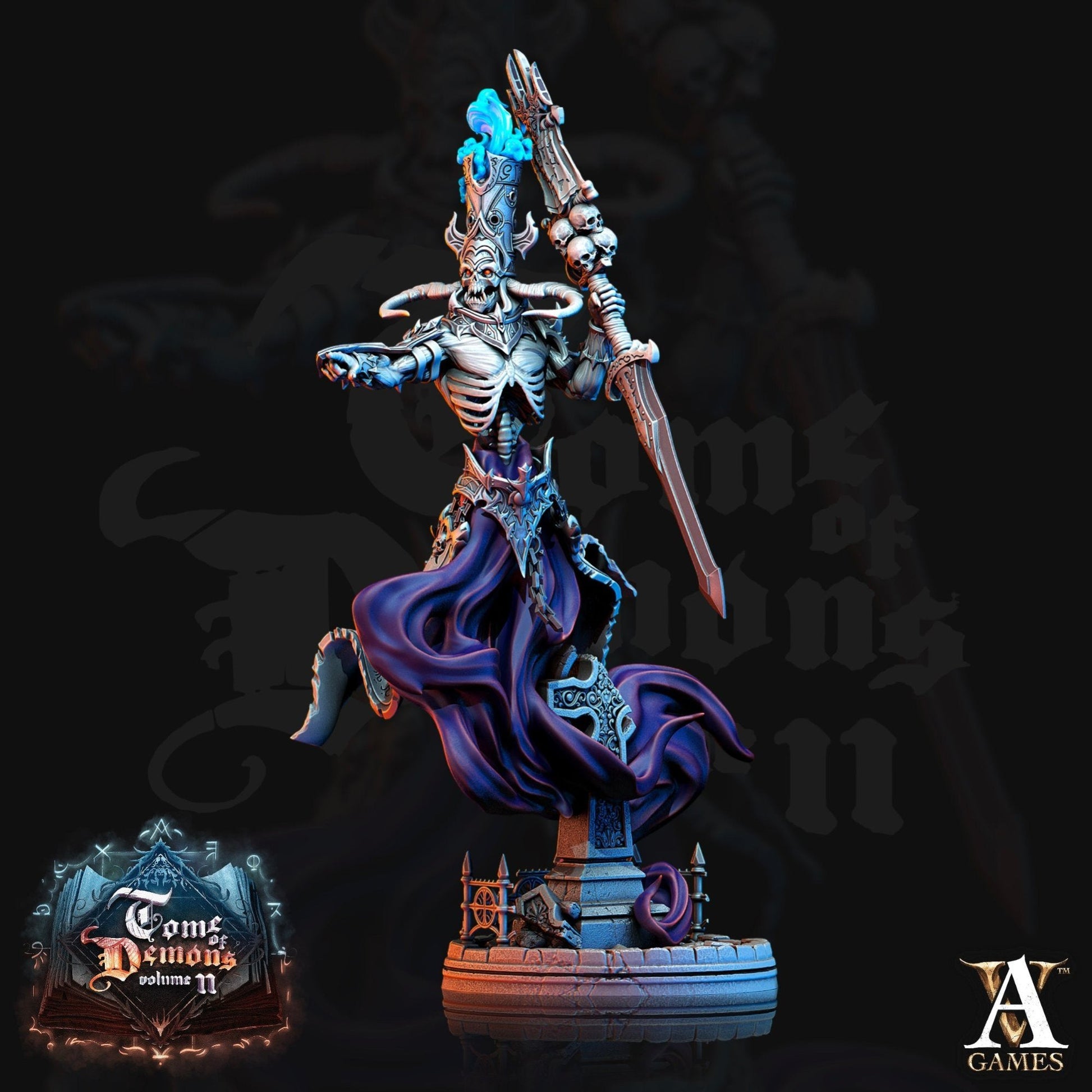 Ethereal Demonwraith with glowing blue flames, wielding a staff and adorned in skeletal armor, hovering above a detailed pedestal.