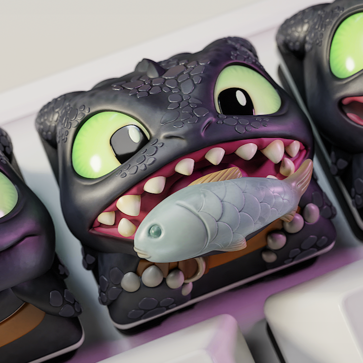 Toy figure of a dragon with green eyes and a fish in its mouth on a white background