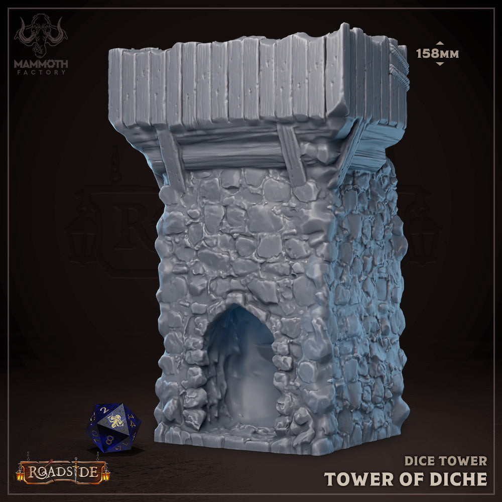 Tower of Diche, a large dice tower made of stone with wooden accents, designed to aid dice rolls in tabletop role-playing games such as Dungeons and Dragons and Pathfinder.