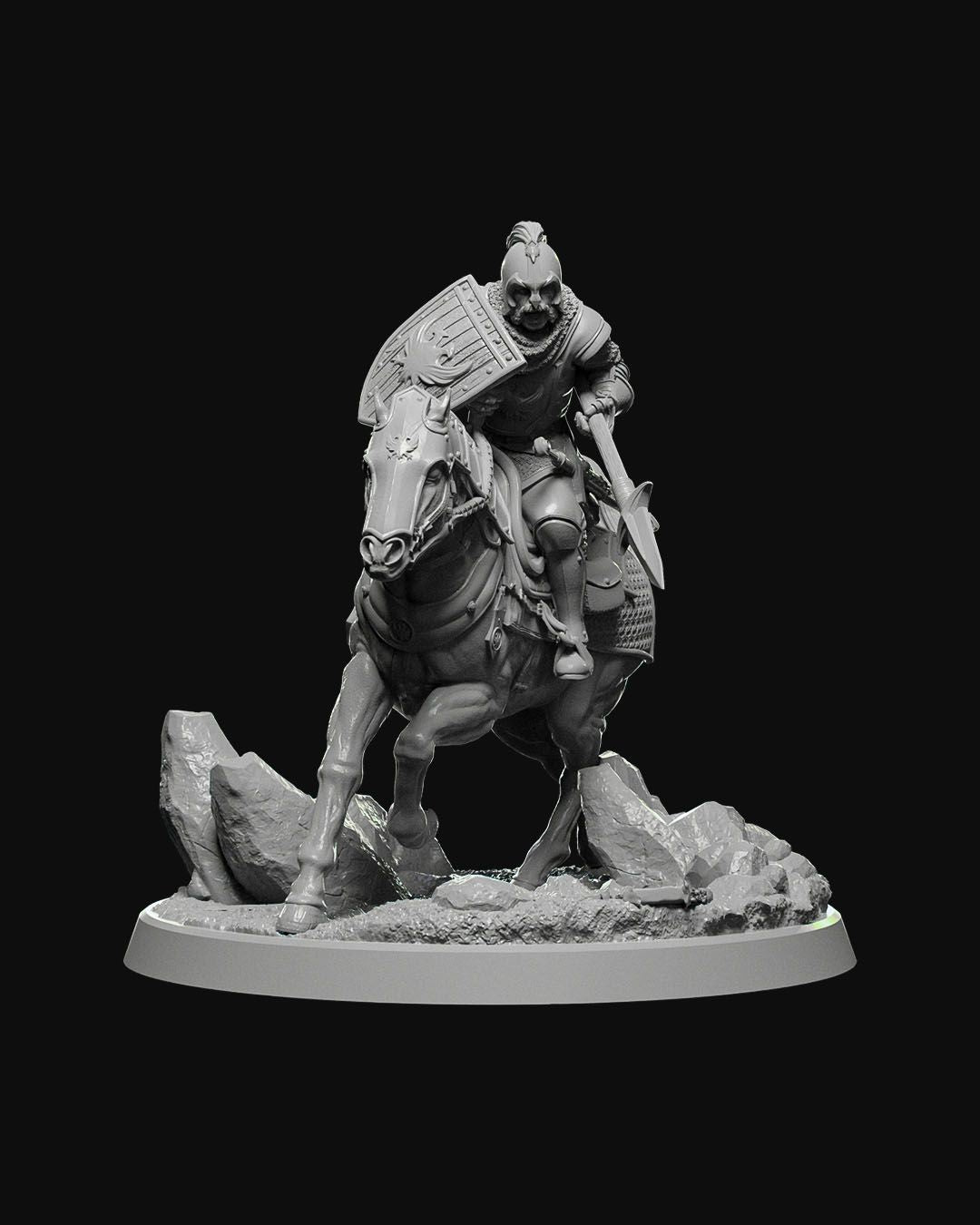 Front view of Town Cavalry miniature, showcasing an armored rider with a lance on a warhorse, posed dynamically on a rocky terrain.